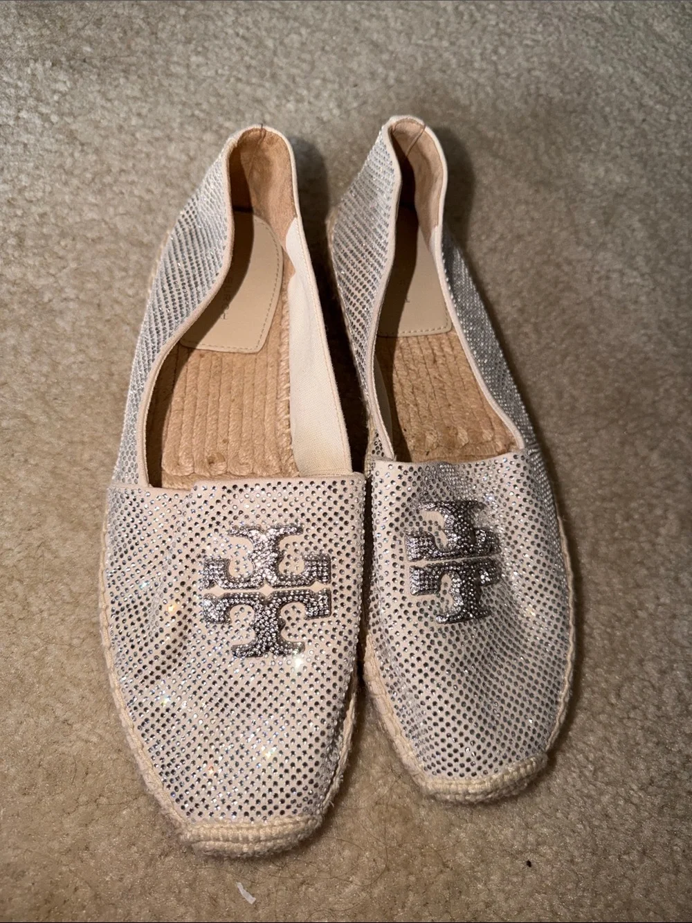 Tory Burch Everly Suede Espadrille Cream Suede w/Silver Sequins size 9 worn 1x